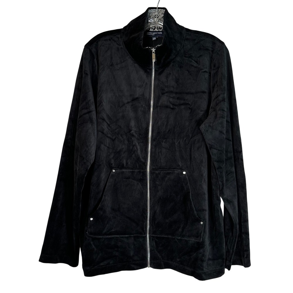 Jones New York Signature Black Velour Zip Up Jacket Leopard Mock Neck XL NWT